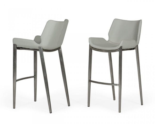 Homeroots Set Of Two 30" Gray And Silver Faux Leather And Steel Low Back Bar Height Bar Chairs   473884