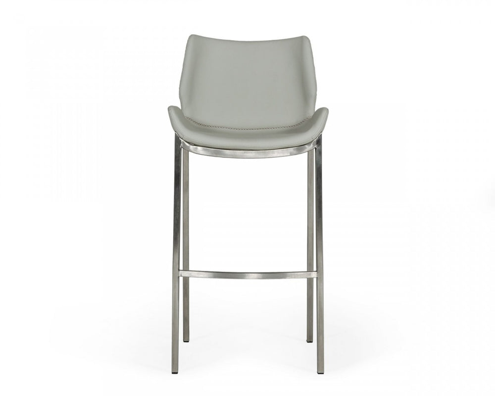 Homeroots Set Of Two 30" Gray And Silver Faux Leather And Steel Low Back Bar Height Bar Chairs   473884