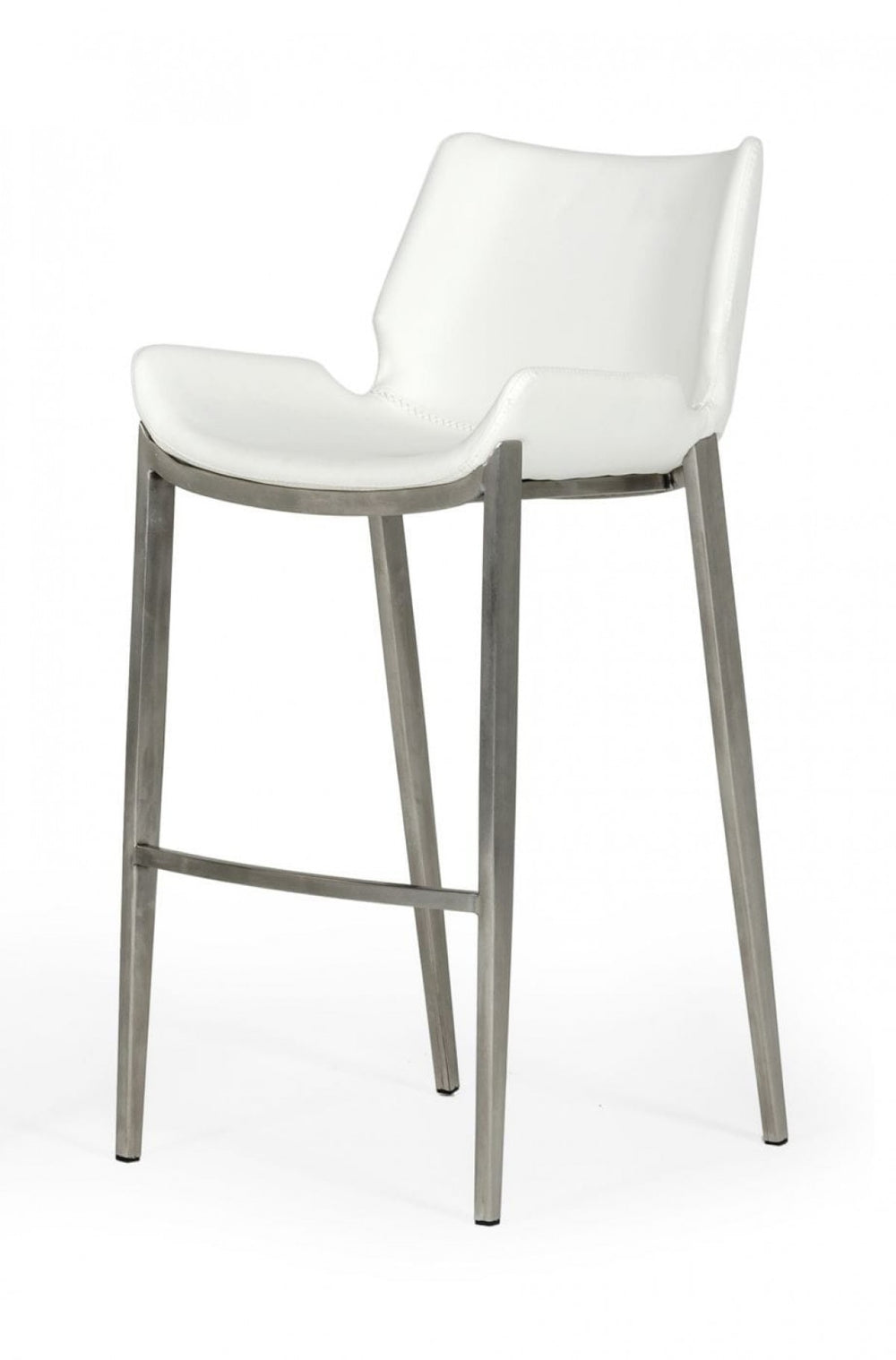 Homeroots Set Of Two 30" White And Silver Faux Leather And Steel Low Back Bar Height Bar Chairs   473885
