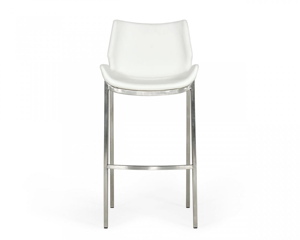 Homeroots Set Of Two 30" White And Silver Faux Leather And Steel Low Back Bar Height Bar Chairs   473885