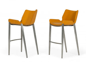 Homeroots Set Of Two 30" Orange And Silver Faux Leather And Steel Low Back Bar Height Bar Chairs   473886