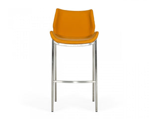 Homeroots Set Of Two 30" Orange And Silver Faux Leather And Steel Low Back Bar Height Bar Chairs   473886