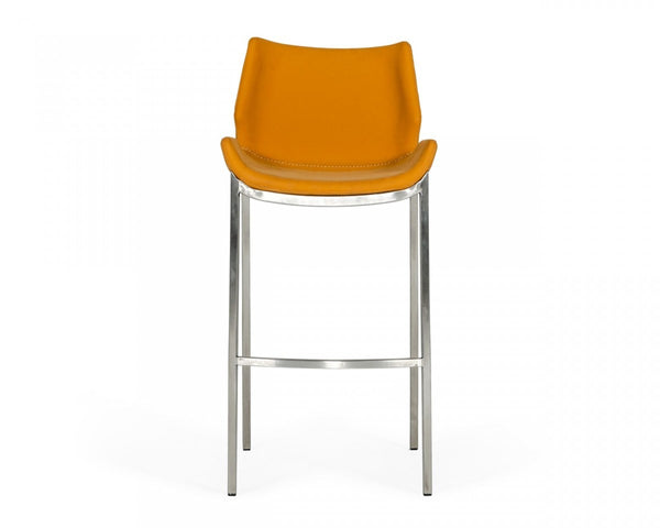 Homeroots Set Of Two 30" Orange And Silver Faux Leather And Steel Low Back Bar Height Bar Chairs   473886