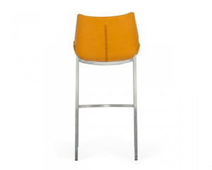 Homeroots Set Of Two 30" Orange And Silver Faux Leather And Steel Low Back Bar Height Bar Chairs   473886