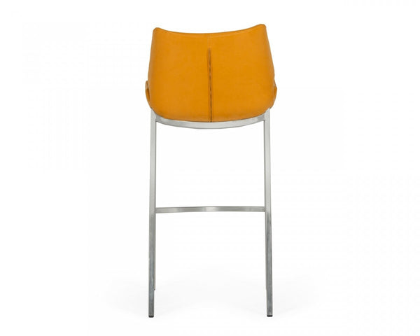 Homeroots Set Of Two 30" Orange And Silver Faux Leather And Steel Low Back Bar Height Bar Chairs   473886
