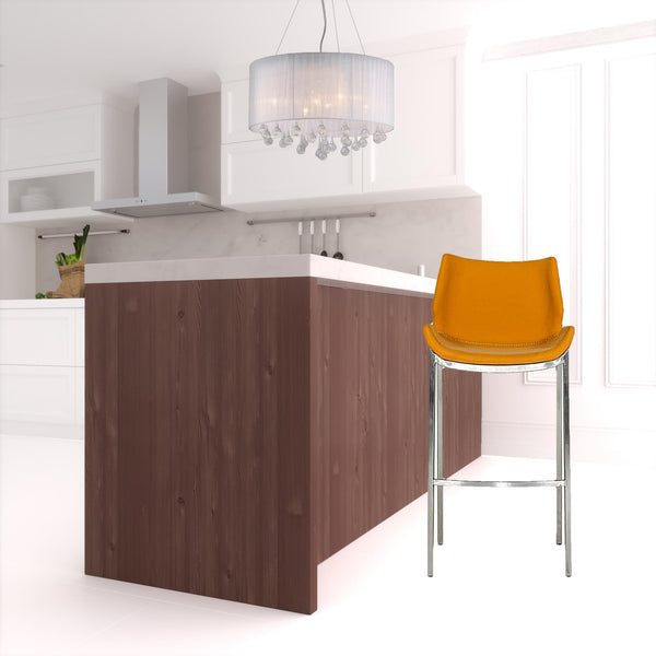 Homeroots Set Of Two 30" Orange And Silver Faux Leather And Steel Low Back Bar Height Bar Chairs   473886