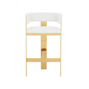 Homeroots 31" White And Gold Faux Leather And Stainless Steel Low Back Bar Height Bar Chair   473891