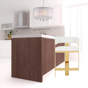 Homeroots 31" White And Gold Faux Leather And Stainless Steel Low Back Bar Height Bar Chair   473891