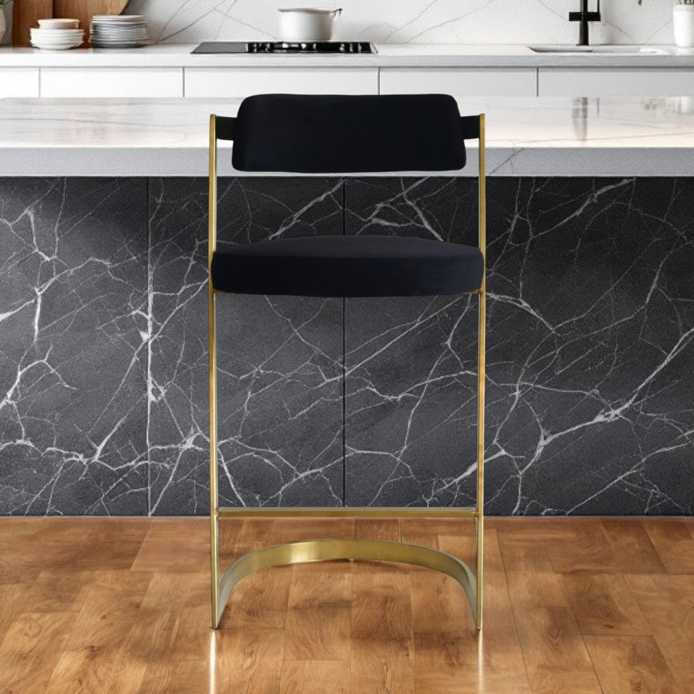 Homeroots 26" Black And Gold Velvet And Stainless Steel Low Back Counter Height Bar Chair   473892