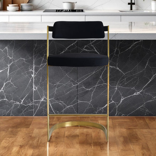 Homeroots 26" Black And Gold Velvet And Stainless Steel Low Back Counter Height Bar Chair   473892