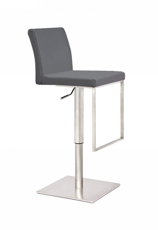 Homeroots 37" Gray And Silver Faux Leather And Stainless Steel Swivel Low Back Adjustable Height Bar Chair   473894