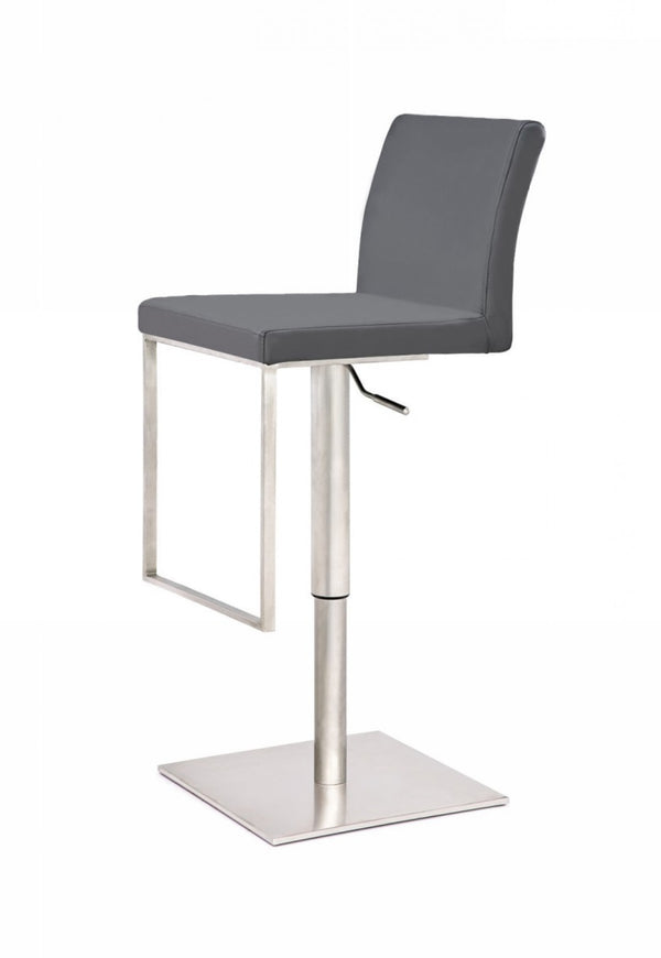 Homeroots 37" Gray And Silver Faux Leather And Stainless Steel Swivel Low Back Adjustable Height Bar Chair   473894
