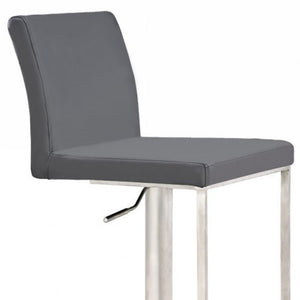 Homeroots 37" Gray And Silver Faux Leather And Stainless Steel Swivel Low Back Adjustable Height Bar Chair   473894