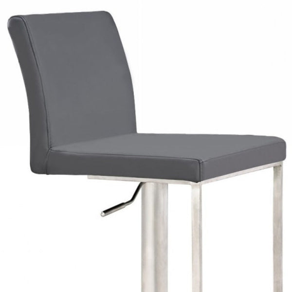Homeroots 37" Gray And Silver Faux Leather And Stainless Steel Swivel Low Back Adjustable Height Bar Chair   473894