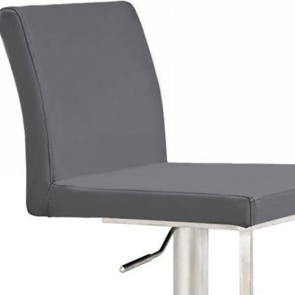 Homeroots 37" Gray And Silver Faux Leather And Stainless Steel Swivel Low Back Adjustable Height Bar Chair   473894