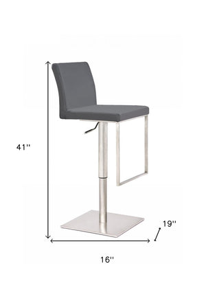 Homeroots 37" Gray And Silver Faux Leather And Stainless Steel Swivel Low Back Adjustable Height Bar Chair   473894
