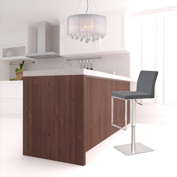 Homeroots 37" Gray And Silver Faux Leather And Stainless Steel Swivel Low Back Adjustable Height Bar Chair   473894