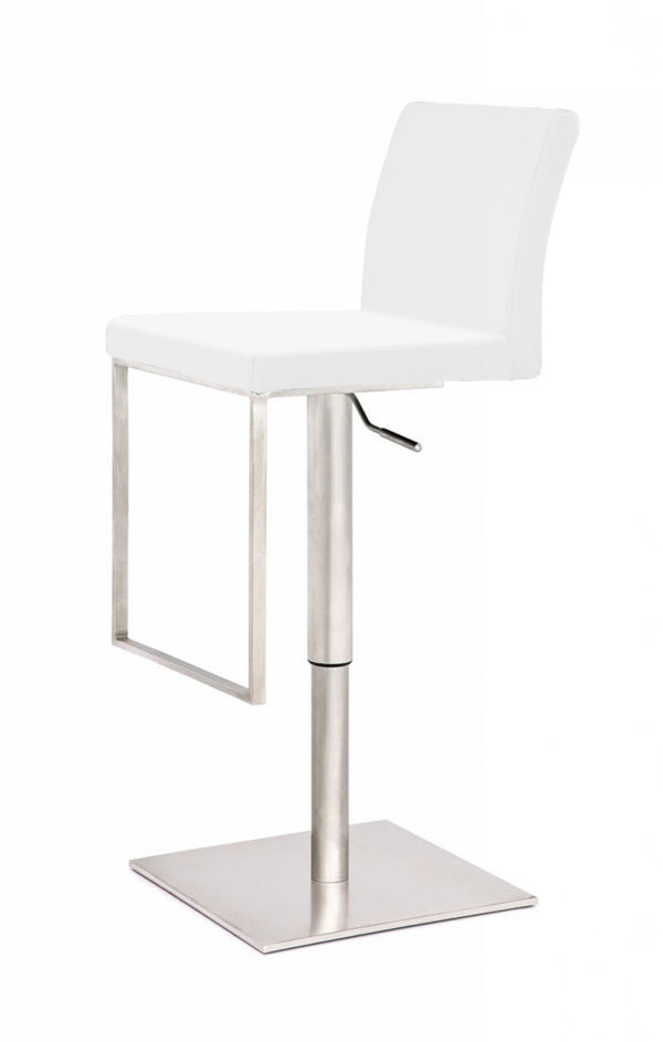 Homeroots 37" White And Silver Faux Leather And Stainless Steel Swivel Low Back Adjustable Height Bar Chair   473895