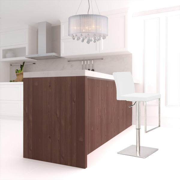 Homeroots 37" White And Silver Faux Leather And Stainless Steel Swivel Low Back Adjustable Height Bar Chair   473895