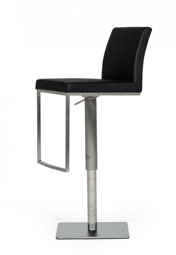 Homeroots 32" Black And Silver Faux Leather And Stainless Steel Swivel Low Back Bar Height Bar Chair   473896