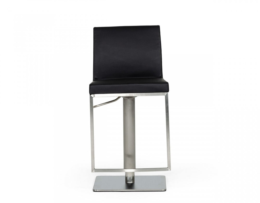 Homeroots 32" Black And Silver Faux Leather And Stainless Steel Swivel Low Back Bar Height Bar Chair   473896
