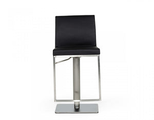 Homeroots 32" Black And Silver Faux Leather And Stainless Steel Swivel Low Back Bar Height Bar Chair   473896