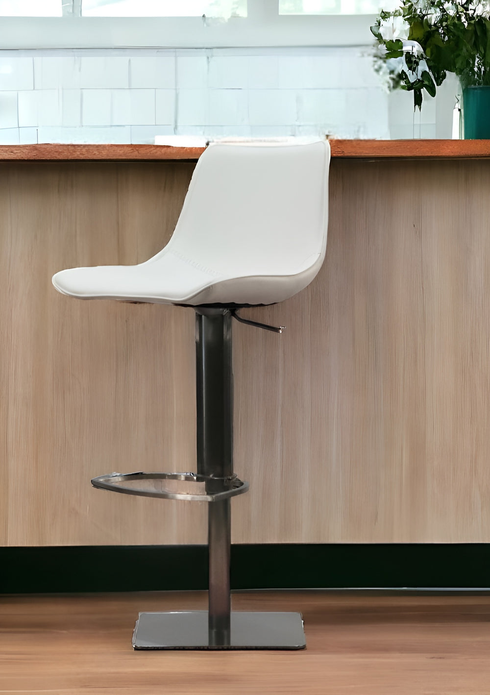 Homeroots 29" White And Silver Faux Leather And Stainless Steel Bar Height Swivel Bar Chair   473898