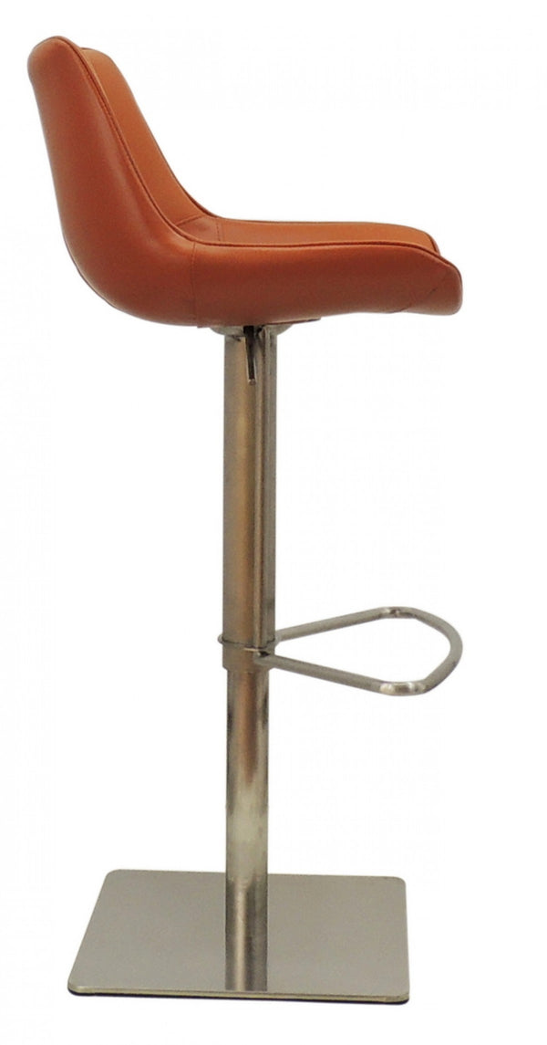 Homeroots Adjustable Height Terra Cotta And Silver Faux Leather And Stainless Steel Swivel Bar Height Bar Chair   473901