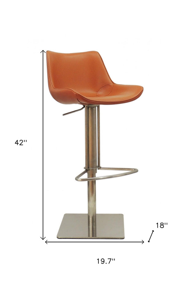 Homeroots Adjustable Height Terra Cotta And Silver Faux Leather And Stainless Steel Swivel Bar Height Bar Chair   473901