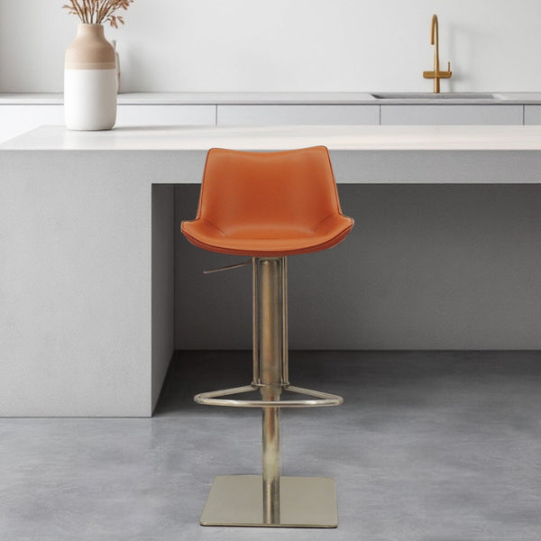 Homeroots Adjustable Height Terra Cotta And Silver Faux Leather And Stainless Steel Swivel Bar Height Bar Chair   473901