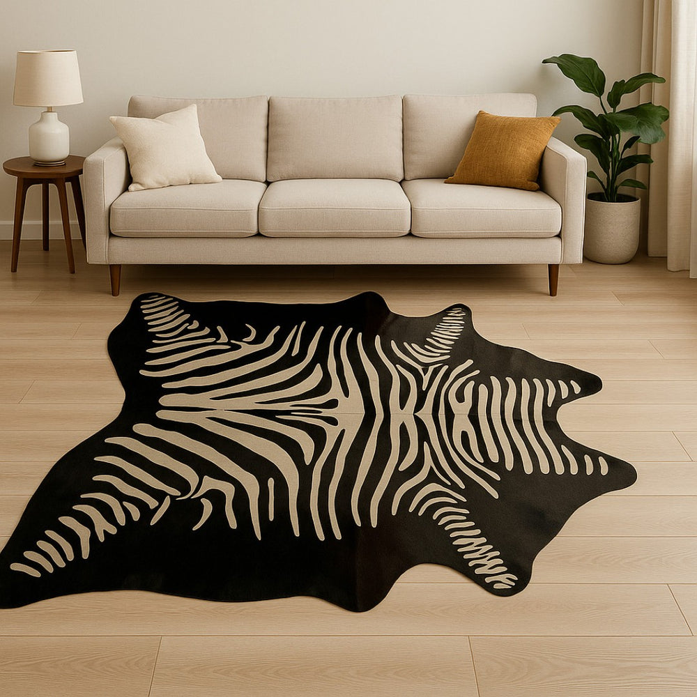 HomeRoots 6' Handmade Black & Off-White Cowhide Zebra Print Area Rug - Durable, Unique, Contemporary Decor Piece 473904