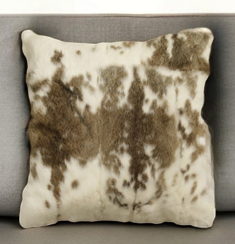 Homeroots 18" X 18" Brown And White Rabbit Zippered Natural Fur Animal Print Throw Pillow   473919