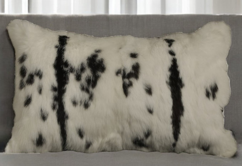 Homeroots 12" X 20" Black And White Rabbit Zippered Natural Fur Animal Print Throw Pillow   473920