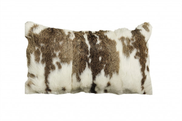 Homeroots 12" X 20" Brown And White Rabbit Natural Fur Throw Pillow   473921