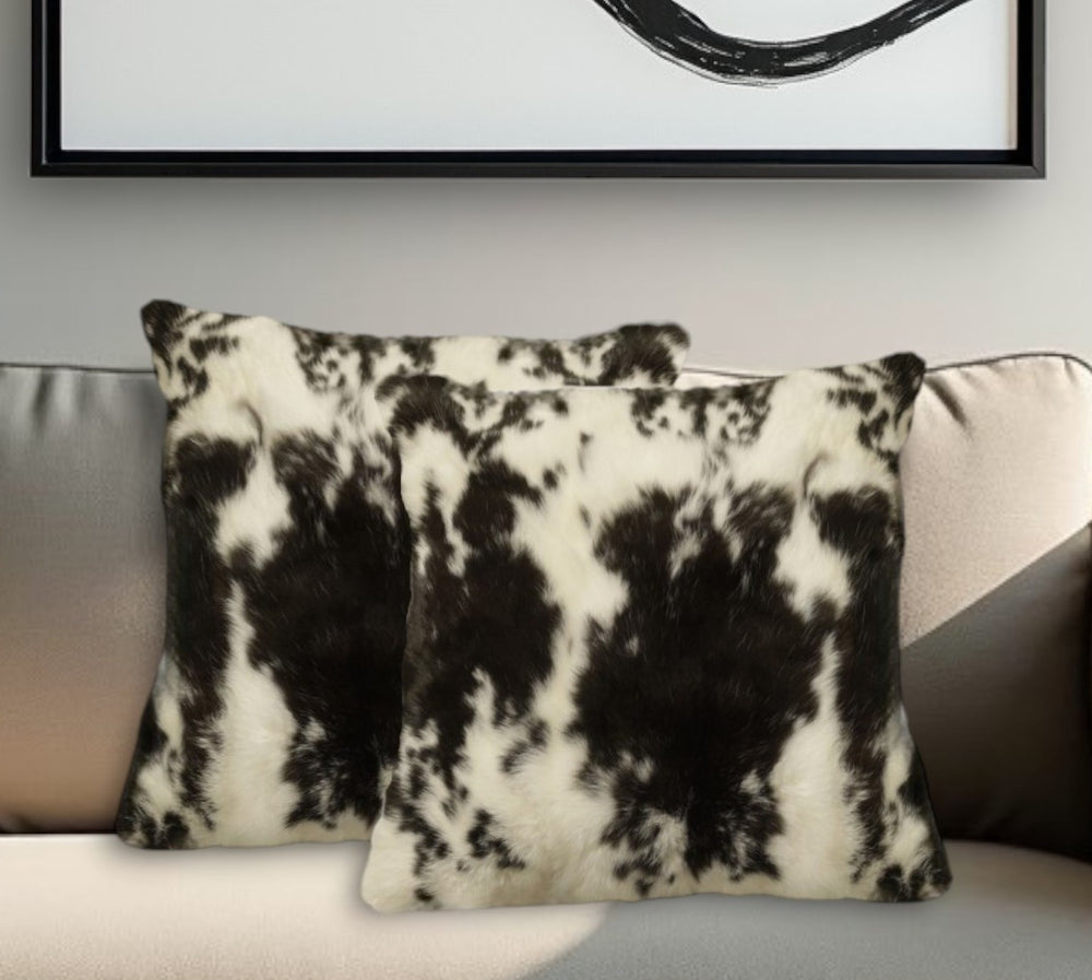 Homeroots Set Of Two 18" Black And White Rabbit Natural Fur Throw Pillow   473922