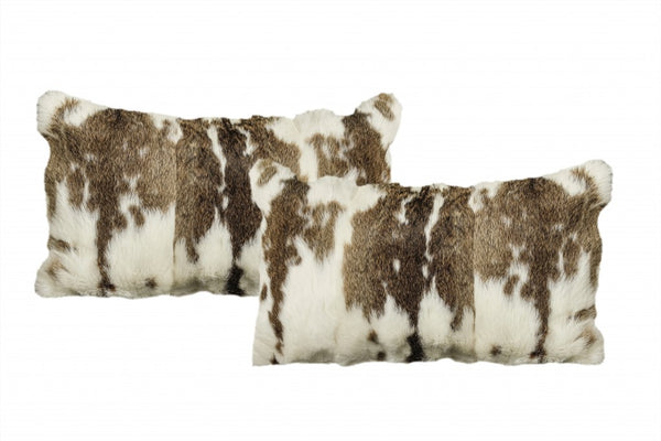 Homeroots Set Of Two 12" X 20" Brown And White Rabbit Natural Fur Throw Pillow   473925