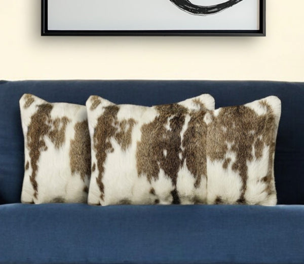 Homeroots Set Of Two 12" X 20" Brown And White Rabbit Natural Fur Throw Pillow   473925