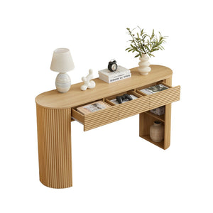 English Elm [video] Retro Fluted Console Table with 3 Drawers Open Niche Mid-century Entryway Natural N759P283616N