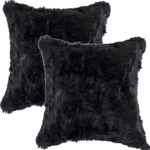 Homeroots Set Of Two 18" Black Rabbit Natural Fur Throw Pillow   473927