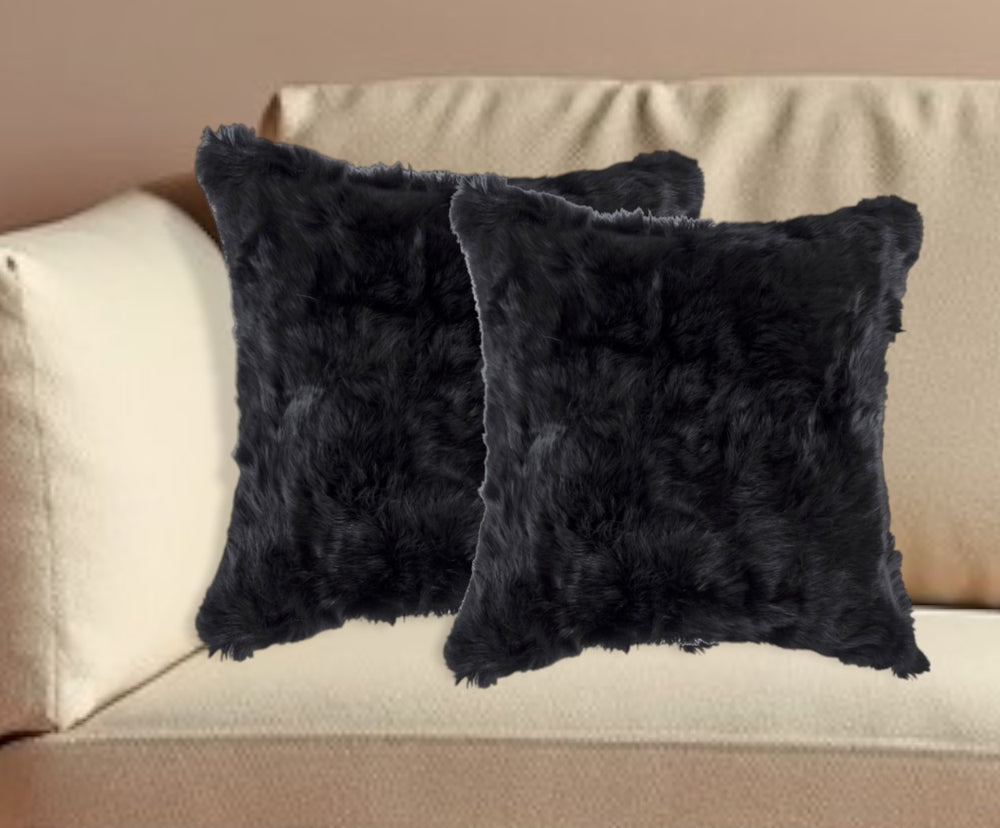 Homeroots Set Of Two 18" Black Rabbit Natural Fur Throw Pillow   473927