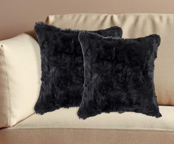 Homeroots Set Of Two 18" Black Rabbit Natural Fur Throw Pillow   473927