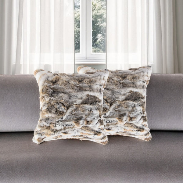 Homeroots Set Of Two 18" Tan And White Rabbit Natural Fur Throw Pillow   473929