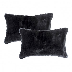 Homeroots Set Of Two 12" X 20" Black Rabbit Natural Fur Throw Pillow   473932