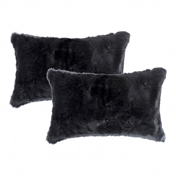 Homeroots Set Of Two 12" X 20" Black Rabbit Natural Fur Throw Pillow   473932