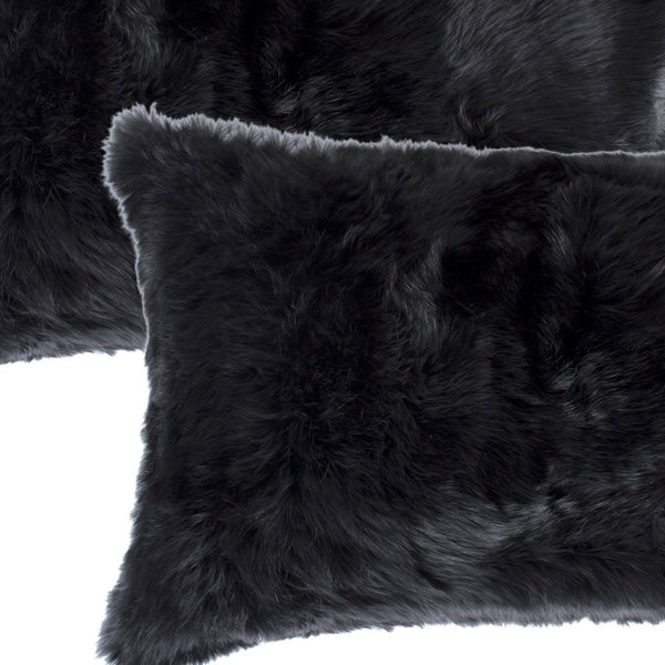 Homeroots Set Of Two 12" X 20" Black Rabbit Natural Fur Throw Pillow   473932