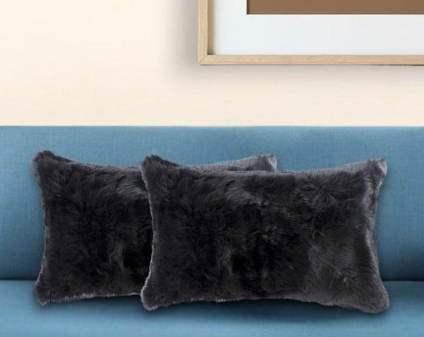 Homeroots Set Of Two 12" X 20" Black Rabbit Natural Fur Throw Pillow   473932