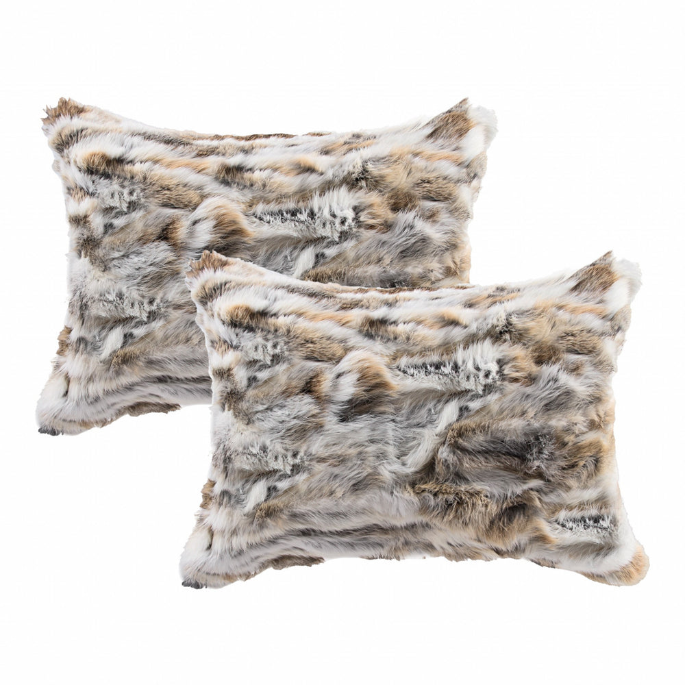 Homeroots Set Of Two 12" X 20" Tan And White Rabbit Natural Fur Throw Pillow   473934