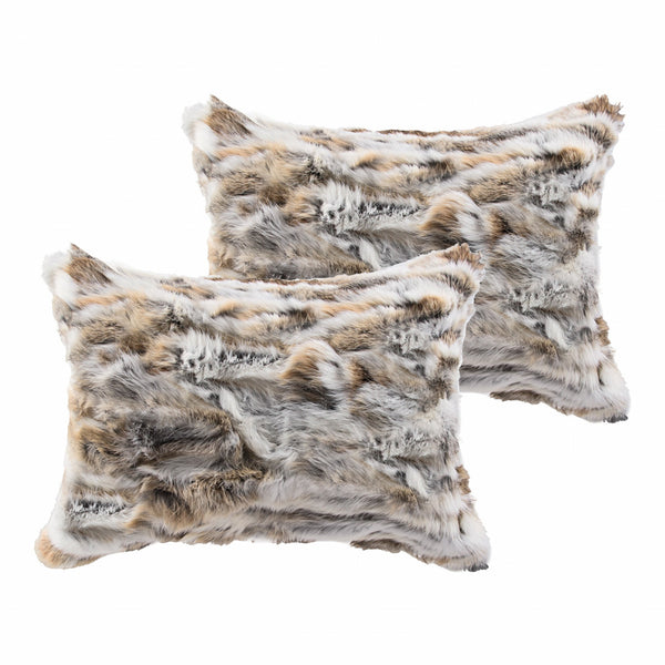 Homeroots Set Of Two 12" X 20" Tan And White Rabbit Natural Fur Throw Pillow   473934