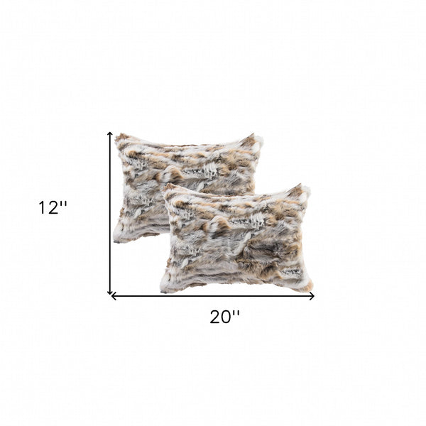 Homeroots Set Of Two 12" X 20" Tan And White Rabbit Natural Fur Throw Pillow   473934