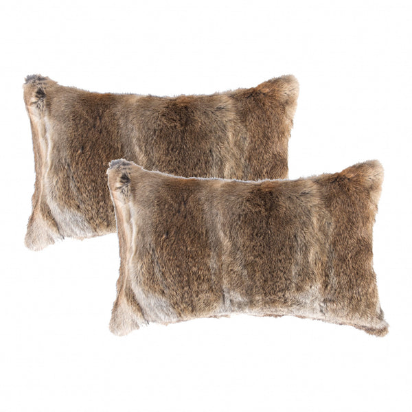 Homeroots Set Of Two 12" X 20" Brown Rabbit Natural Fur Animal Print Throw Pillows   473935